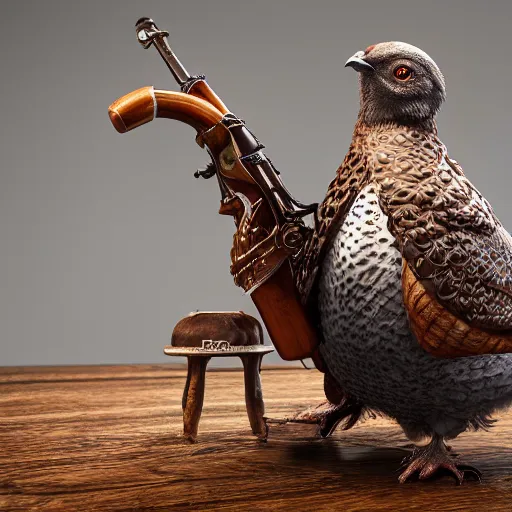 Image similar to a 3 d model of a grouse holding a blunderbuss, studio lighting, octane render, hyper detailed, product photography, 8 k, highly detailed