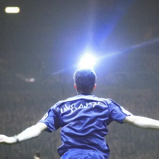 Image similar to close photograph, jose mourinho jumping in the sky shooting lasers, beautiful picture