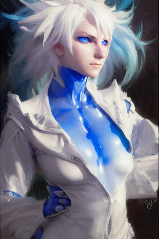 Image similar to white haired catgirl with bright blue eyes in a plugsuit portrait dnd, painting by gaston bussiere, craig mullins, greg rutkowski, yoji shinkawa