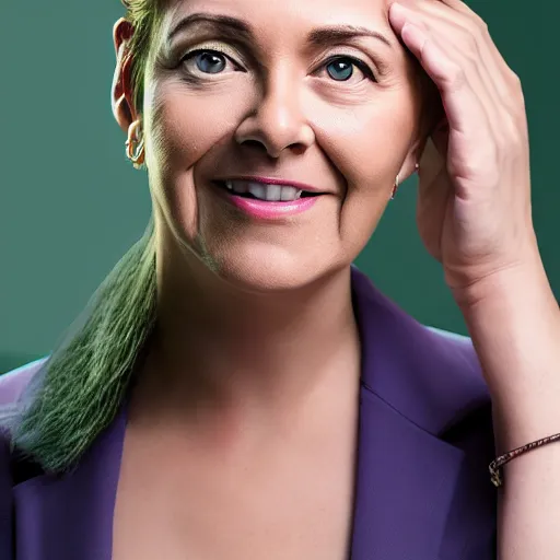 Prompt: corporate portrait, senior sales director, purple green color scheme, professional studio lighting, hyperreal detailed lifelike facial features, corporate portraiture