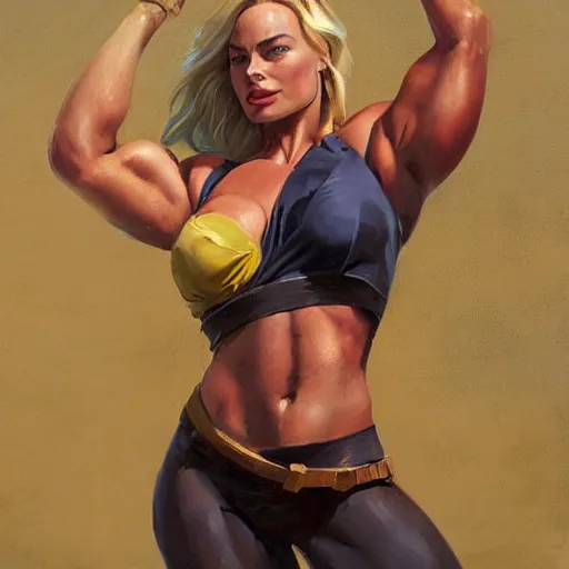 Image similar to greg manchess portrait of margot robbie as thick female bodybuilder lara croft, epic grimdark, fantasy, medium shot, asymmetrical, profile picture, organic painting, sunny day, matte painting, bold shapes, hard edges, street art, trending on artstation, by huang guangjian and gil elvgren and sachin teng