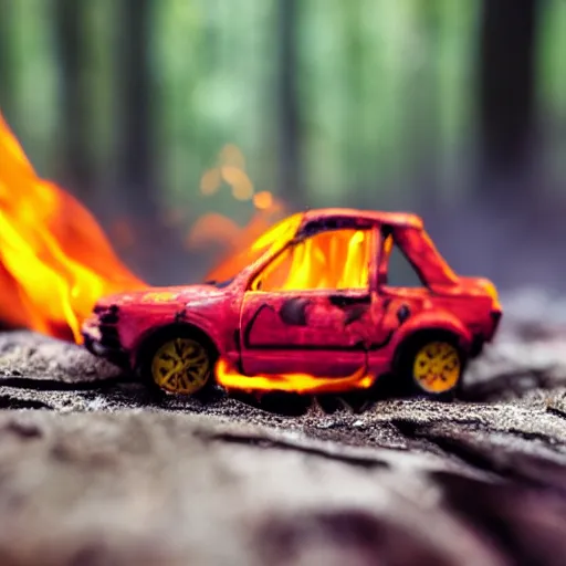 Image similar to macro photography of a toy hot wheels car driving through a forest fire, 3 5 mm