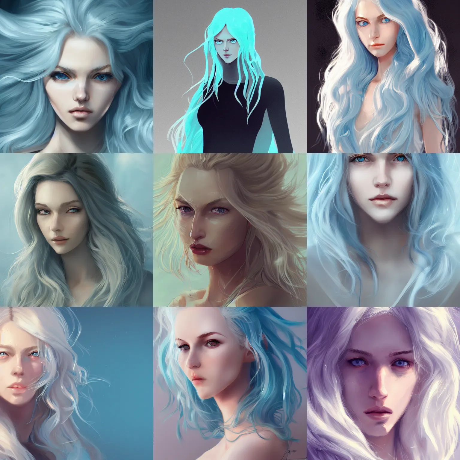 Prompt: woman, messy wavy white hair, light blue eyes, portrait, character art, digital art, artstation, matte, sharp focus, illustration, concept art,