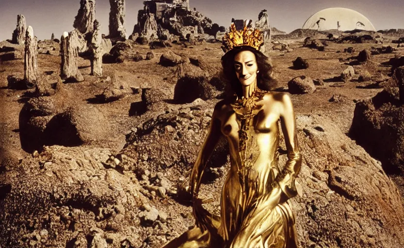 Image similar to portrait of salvador dali wearing a crown and golden dress with jewels in a dry rocky desert landscape, visible sky and sunny atmosphere, alien ruins by giger in the background, film still from the movie by alejandro jodorowsky with cinematogrophy of christopher doyle and art direction by hans giger, anamorphic lens, kodakchrome, very detailed photo, 8 k