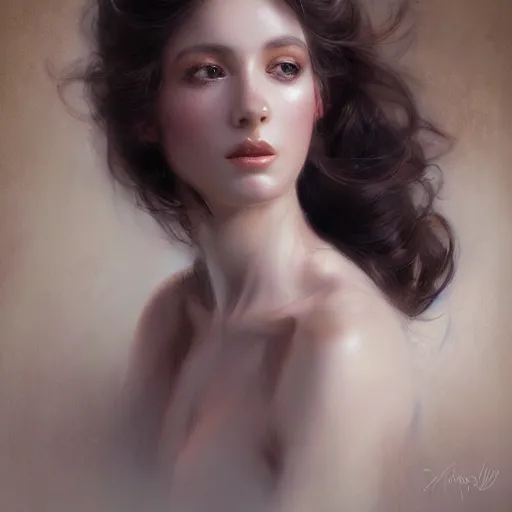 Image similar to a beautiful portrait painting of a glamorous actress, masterpiece by famous artist nasreddine dinet and eugene de blaas and greg rutkowski and artgerm and wlop, path tracing, intricate, elegant, highly detailed, digital painting, artstation, concept art, smooth, sharp focus