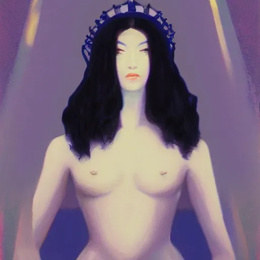 Prompt: a painting of a pale woman with black hair and a crown on her head standing in front of a statue, a screenshot by stanley twardowicz, cgsociety, aestheticism, aesthetic, vaporwave, anime aesthetic,