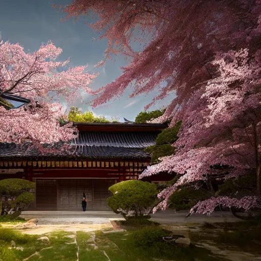 Image similar to hyperrealistic painting of a highly detailed photorealistical samurai, in the background traditional Japanese hut, cherry blossom trees outside, Feng Shui Style, cinematic concept art, art station, award winning art, 8k, octane render, unreal engine 5