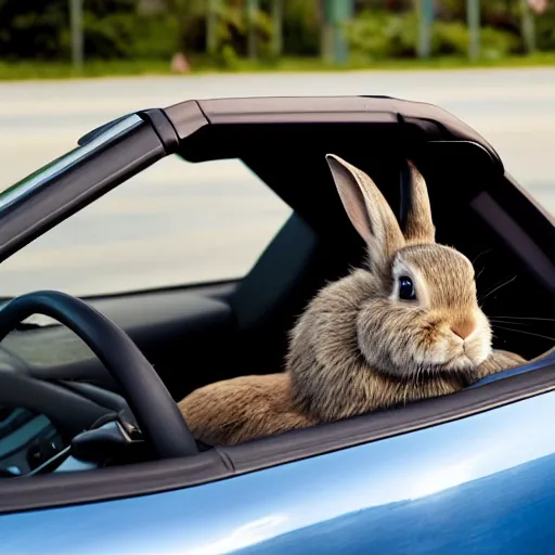 Image similar to a bunny driving a convertible, studio photo, high quality