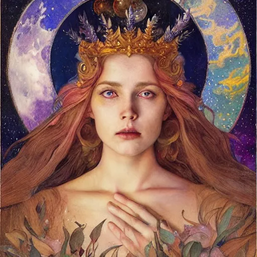 Prompt: queen of the moon with stars in her hair, by annie swynnerton and tino rodriguez and nicholas roerich and jean delville and donato giancola and charlie bowater and tom bagshaw, dramatic lighting, floral tattoos, rich colors, smooth sharp focus, extremely detailed, adolf wolfli
