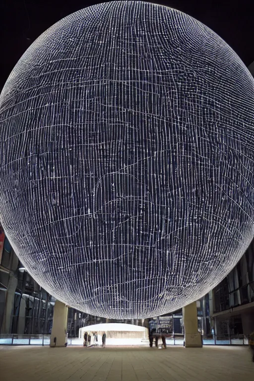 Prompt: public art installation about space and time. projected on big suspended sphere inside big and dark venue