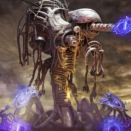 Image similar to phyrexian dreadnought plus borg queen hybrid with protomolecule vesicles being possessed by the machine spirit artists tram pararam and doctor seuss with beryl cook and hr giger neon high contrast cinematic light, mystical shadows, sharp focus, warhammer fourty k, octane render