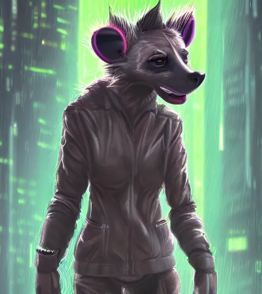 Image similar to digital painting of anthromorphic hyena female smoking cigarrete, fursona, furry fandom, furaffinity, neon rainy cyberpunk setting, anthro, wearing cyberpunk leather jacket, detailed face, blade runner, zootopia style,