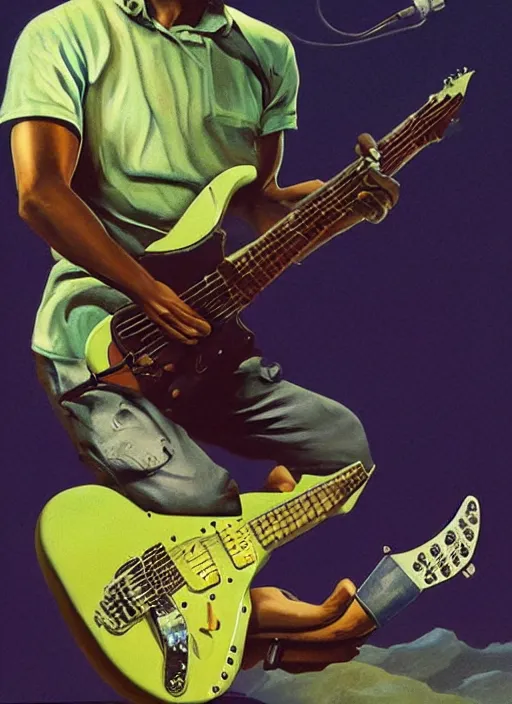 Image similar to Barack Obama shredding on an electric guitar, painting by Frank Frazetta, 3D rendering by Beeple, crusty