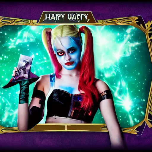 Image similar to very high resolution photo of a magic the gathering card called harley quinn's birthday.