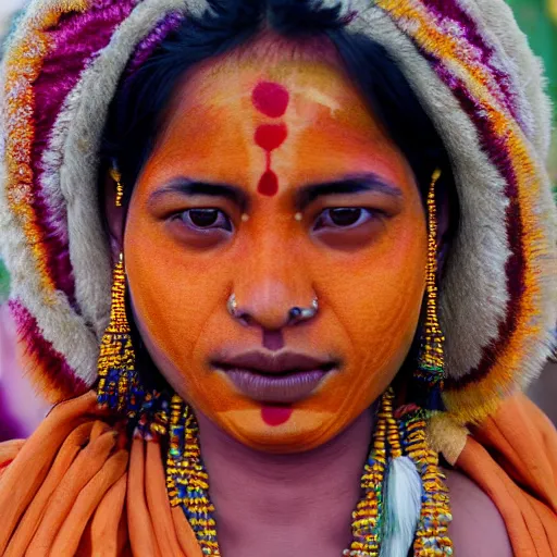 Prompt: realistic exposed expired fuji film portrait of naga sadhu india women at maha kumbh, marigold celestial vibe, hyperrealism, hypermaximalism, photorealistic, detailed, atmospheric, 8 k, award winning photography, cinematic