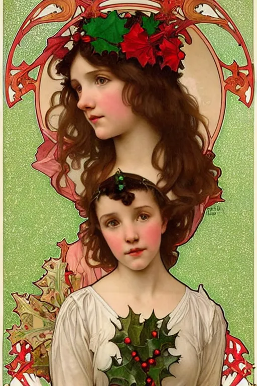 Image similar to realistic art nouveau style detailed portrait of 1 4 - year - old millie bobby brown wearing a holly wreath as a crown at christmas by alphonse mucha, william adolphe bouguereau, and donato giancola art nouveau style, red and green christmas colors