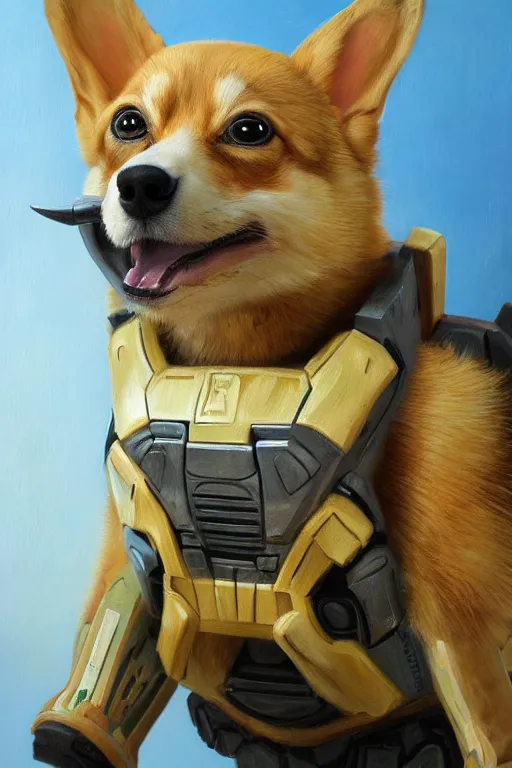 Image similar to master chief as a corgi, oil on canvas, intricate, portrait, 8 k highly professionally detailed, hdr, cgsociety