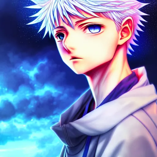 Image similar to killua zoldyck in rossdraws art, with thunderstorms, 8 k, bright colors, detailed face, details, sharp smooth, aykut aydogdu