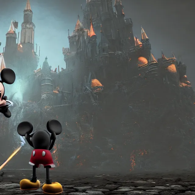 Image similar to mickey mouse reimagined as a monster boss in dark souls, dark cinematic, volumetric, realistic, cinematic lighting, ray tracing, unreal engine 5, unreal engine render, octane render, hyper realistic, photo, 8 k