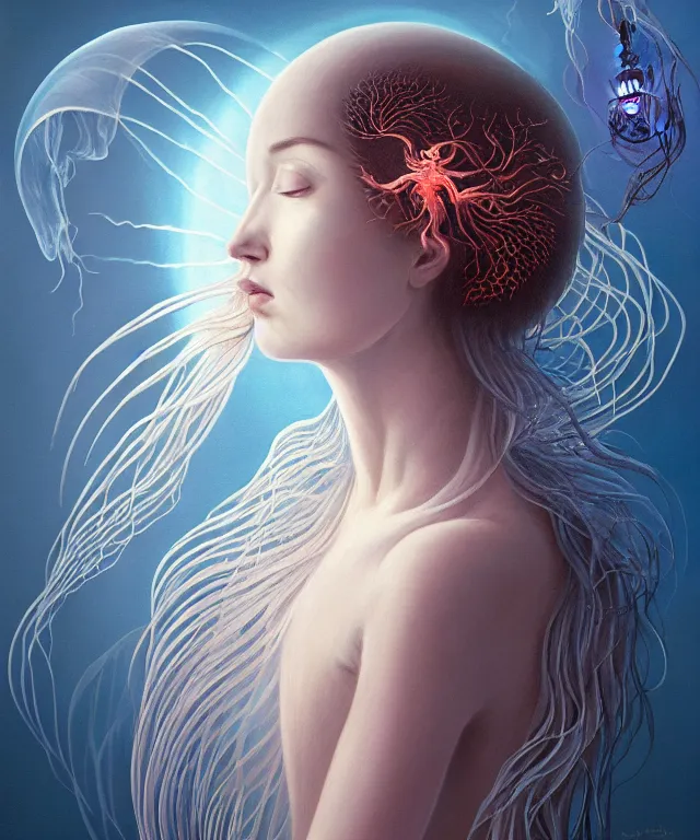 Image similar to portrait of a goddess of death with (reaction diffusion) scaled fish skin Bioluminescent phoenix jellyfish, burning phoenix halo, Her breath shot a haze of steam out into the frosty morning air concept, soft light, soft mood, realistic body features and face, illustration,intricate ornament halo, painting oil on canvas by Elena Zhurikhina and Goro Fujita and Charlie Bowater, octane render trending on artstation, 4k, 8k, HD