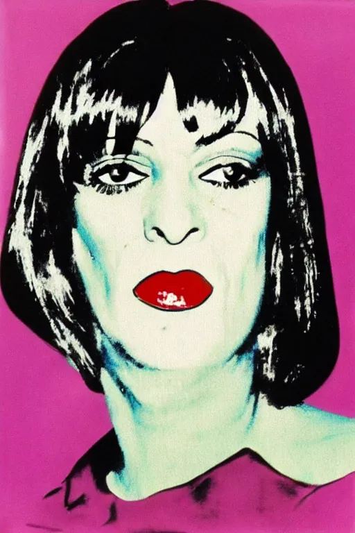 Image similar to mia wallace from pulp fiction painted by andy warhol