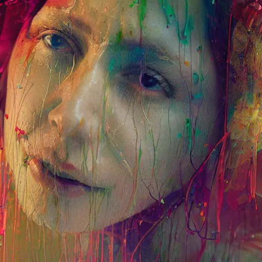 Prompt: portrait of a woman of wires and bandages, glitched, photography, marta syrko, julia margaret cameron, painterly, dripping and splashing coloured paint. scumbling, de kooning, craig mullins