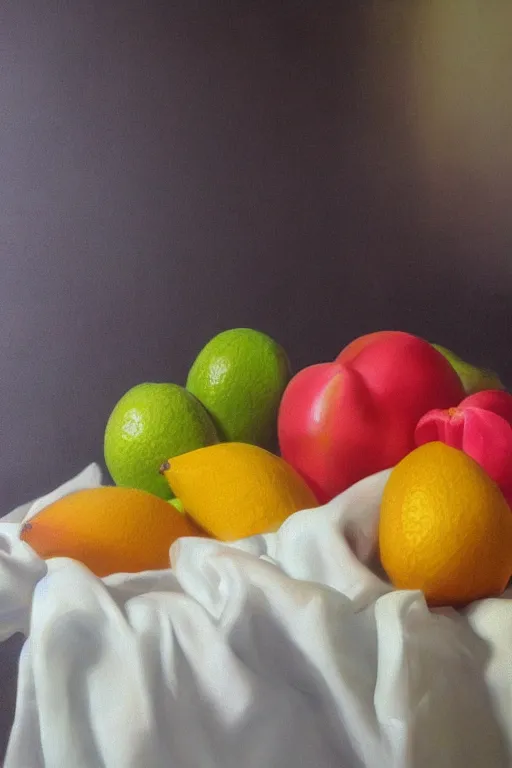 Prompt: A beautiful still life oil painting of tropical fruits lying on a silk cloth, fog, volumetric lighting, summer, hyperrealistic, colorful, hyperdetailed.