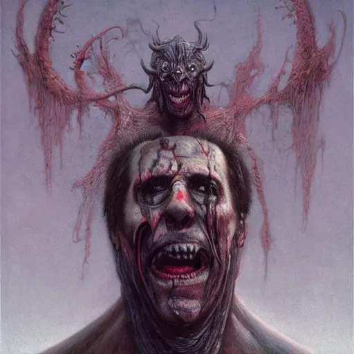 Image similar to Monstrous screaming Nicolas Cage god of chaos dark fantasy, intricate, smooth, artstation, painted by Wayne Barlowe, Zdislav Beksinski