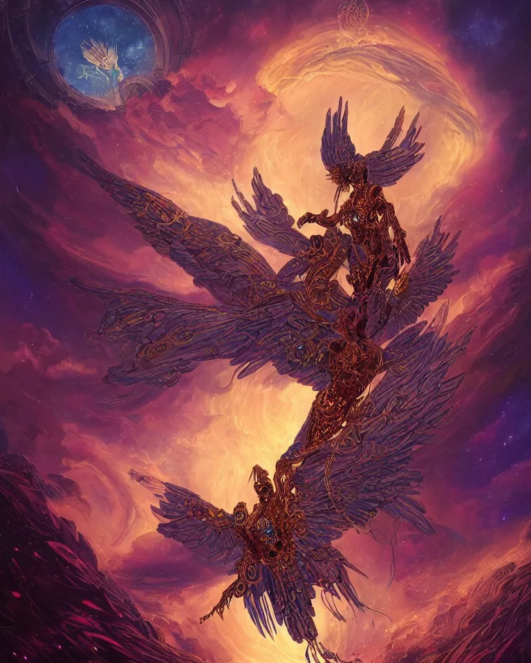 Prompt: a beautiful tarot card artwork of a dark steampunk nature seraphim ascending to the cosmic nebulae cyberpunk nexus, backlit, highly detailed, golden hour, digital painting, by eddie mendoza and greg rutkowski and dan mumford and artgerm, vivid colors, masterpiece, detailed shading, 8 k resolution, intricate, smooth