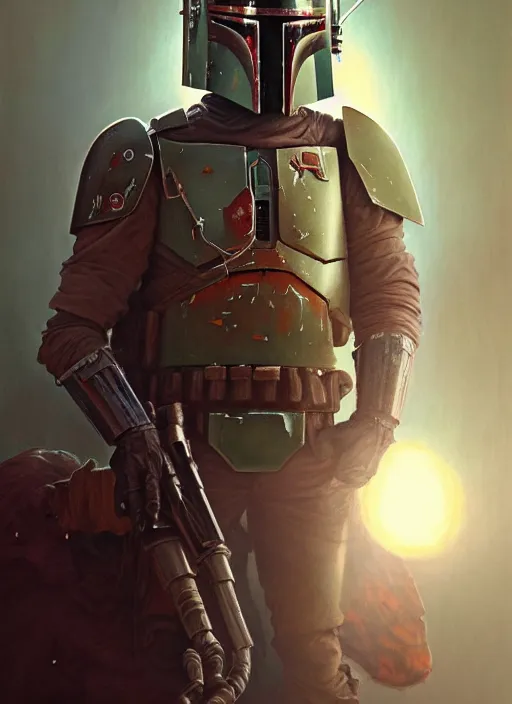 Image similar to highly detailed portrait of boba fett, fantasy art by greg rutkowski, loish, rhads, ferdinand knab, makoto shinkai and lois van baarle, ilya kuvshinov, rossdraws, tom bagshaw, alphonse mucha, global illumination, radiant light, detailed and intricate environment