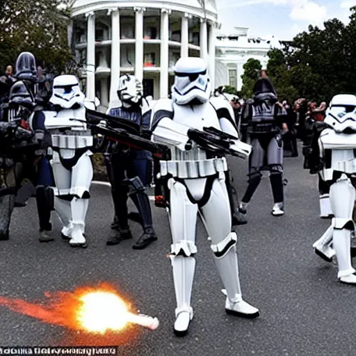 Image similar to a still candid image of hundreds of star wars stormtropers rioting in front of a the white house in washington.!!!, flaming torches and pitchforks