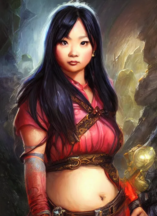 Prompt: slightly chubby asian with medium black parted hair, dndbeyond, bright, colourful, realistic, dnd character portrait, full body, pathfinder, pinterest, art by ralph horsley, dnd, rpg, lotr game design fanart by concept art, behance hd, artstation, deviantart, hdr render in unreal engine 5