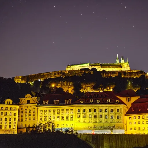 Image similar to ufo landing at the prague castle during the night, dslr 3 5 mm