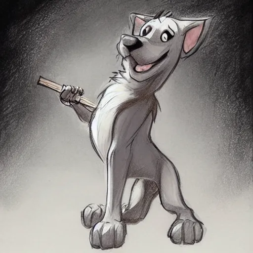 Prompt: a drawing of a dog holding a stick, concept art by don bluth, tumblr contest winner, furry art, concept art, official art, dynamic pose