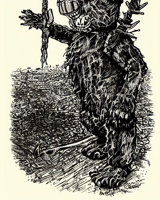 Image similar to an illustration of a freddy fazbear, full body, pen-and-ink illustration, etching, by Russ Nicholson, DAvid A Trampier, larry elmore, 1981, HQ scan, intricate details, Monster Manula, Fiend Folio