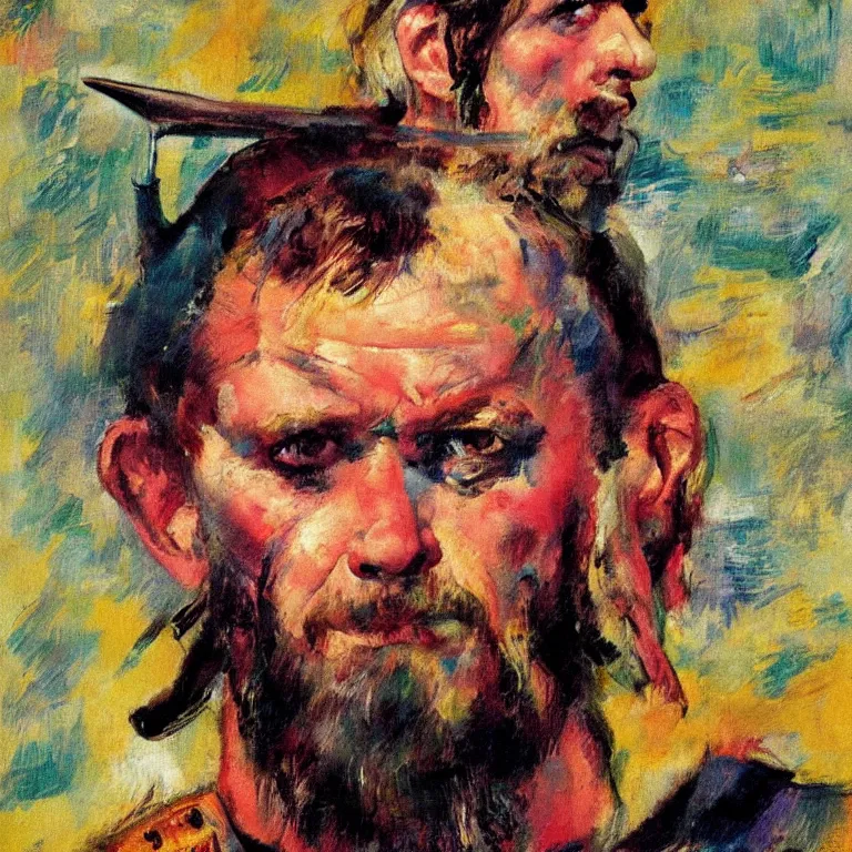 Prompt: close up studio portrait of Viking Warrior as a punk rock bassist in 1979, impasto heavy brushstrokes oil painting by Mary Cassatt and Franz Marc and Norman Rockwell, Intense colors trending on artstation dramatic lighting Expressionism