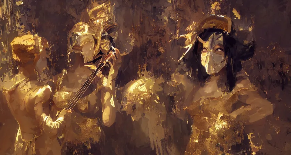 Image similar to craig mullins and ghibli digital art of on the stage, masked female violinists, exotic costumes, gold jewelry, black hair, solo performance realistic shading, cinematic composition, realistic render, octane render, detailed textures, photorealistic, wide shot