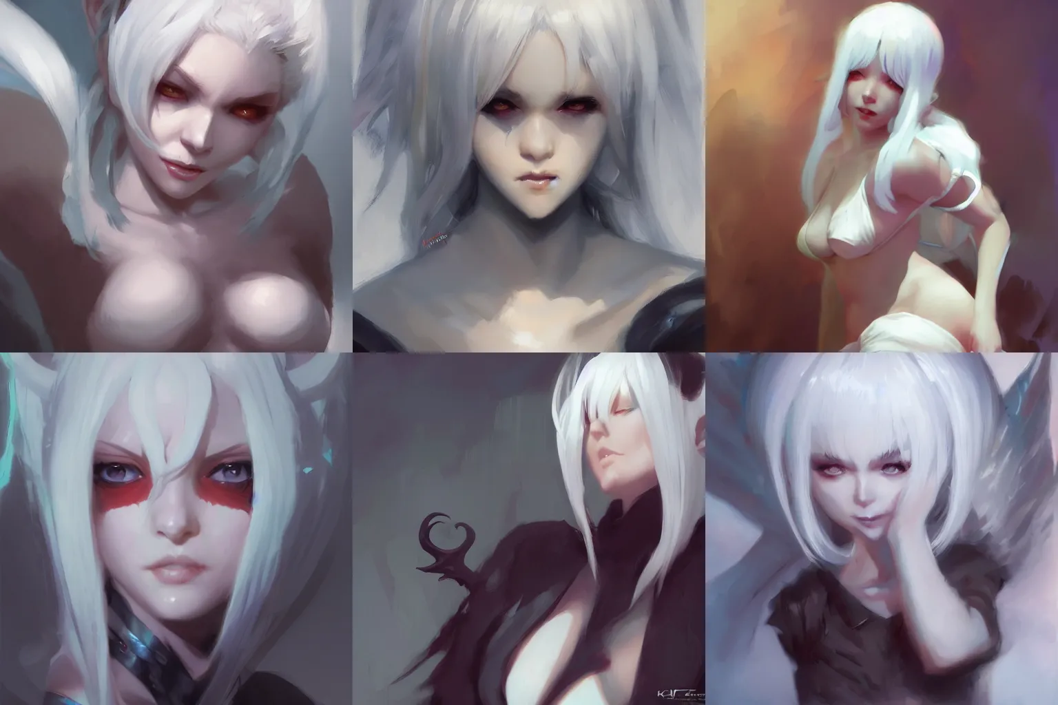 Prompt: cute demon girl, white hair, by krenz cushart, craig mullins, artgerm, artstation