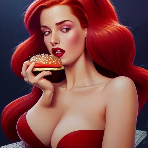 Prompt: portrait ofJessica Rabbit eating hamburgers, extra onions and ketchup, luscious patty with sesame seeds, feminine ethereal, handsome, D&D, fantasy, intricate, elegant, highly detailed, digital painting, artstation, concept art, matte, sharp focus, illustration, art by Artgerm and Greg Rutkowski and Alphonse Mucha