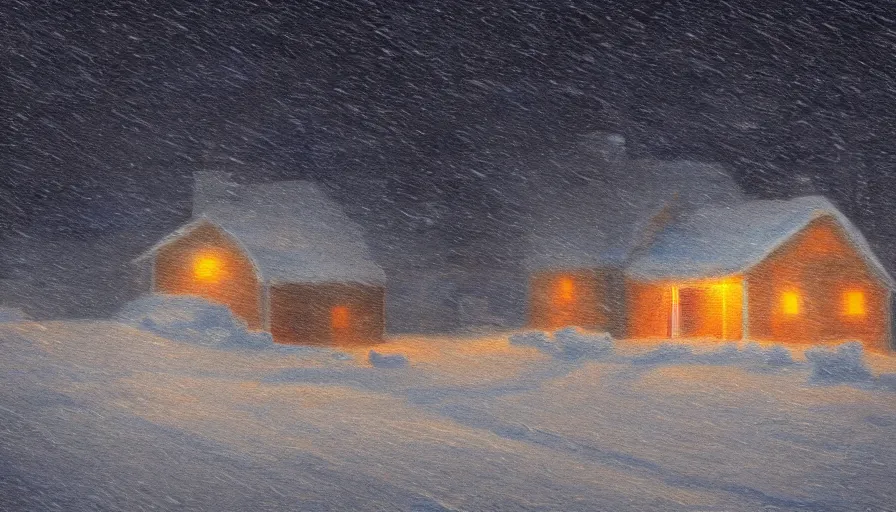 Image similar to Dark, Snowy Landscape with Blizzard! in a snowstorm!, a lonely, small shack in the distance with dim orange lights in the windows, snowstorm, digital art, highly detailed, blizzard, 4k