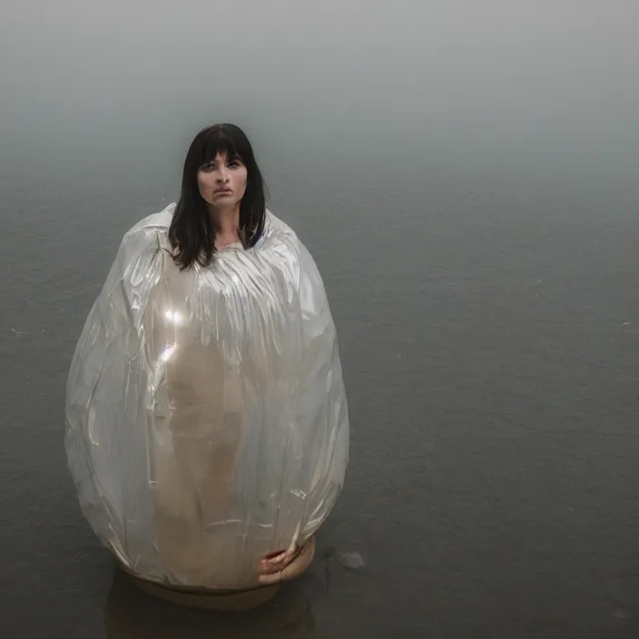 Prompt: a closeup portrait of a woman wrapped in plastic, standing next to a levitating mylar orb, in a foggy lake, color photograph, by vincent desiderio, canon eos c 3 0 0, ƒ 1. 8, 3 5 mm, 8 k, medium - format print