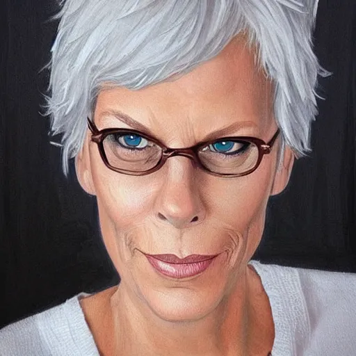 Image similar to jamie lee curtis, tired, intelligent, powerful, white hair, loving eyes, fully clothed, wise, beautiful, by stanley artgerm, soft lighting, trending on artstation, flat colour, geometric curves