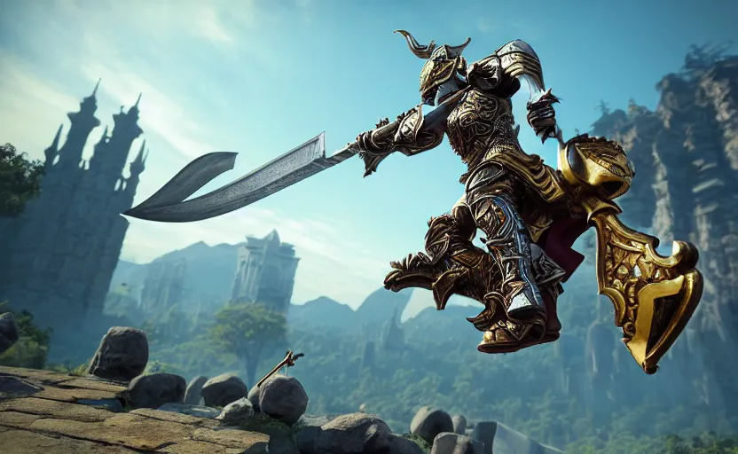 Prompt: action shot of a paladin in ornate full plate jumping off a motorcycle holding a greatsword high in the air, 4k, highly detailed, epic, trending on artstation, unreal engine 5