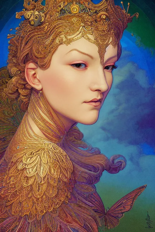 Image similar to portrait of an eleven queen with lace wings by artgerm, mandala, rococo, vivid color, complementary color, golden ratio, detailed, sharp lines, sharp focus, intricate, rainbowshift, by maxfield parrish, by peter mohrbacher, by gustave dore, by alphonse mucha, deviantart, octane render