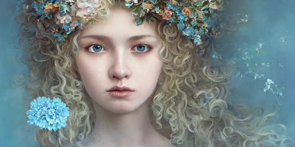 Image similar to breathtaking detailed concept art painting portrait of the hugs goddess of light blue flowers, blonde curly hair, orthodox saint, with anxious piercing eyes, ornate background, amalgamation of leaves and flowers, face by hsiao - ron cheng, extremely moody lighting, 8 k