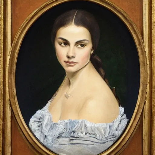 Image similar to a portrait of selina gomez in an 1 8 5 5 painting by elisabeth jerichau - baumann. painting, oil on canvas