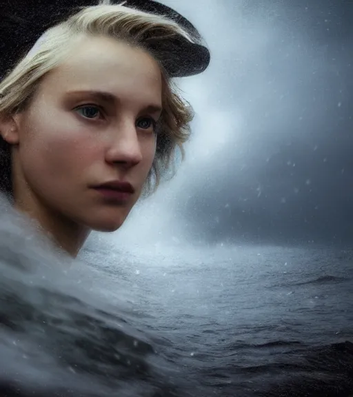 Image similar to knight, norway fjord, extreme close up portrait, hudson river school, max rive, armor made of ocean, stormy seas, beautiful, bokeh, female, snowy, storm clouds, god rays, extreme close up portrait, d & d, fantasy, elegant, low key color palette, concept art, roger deakins and greg rutkowski and alphonse mucha