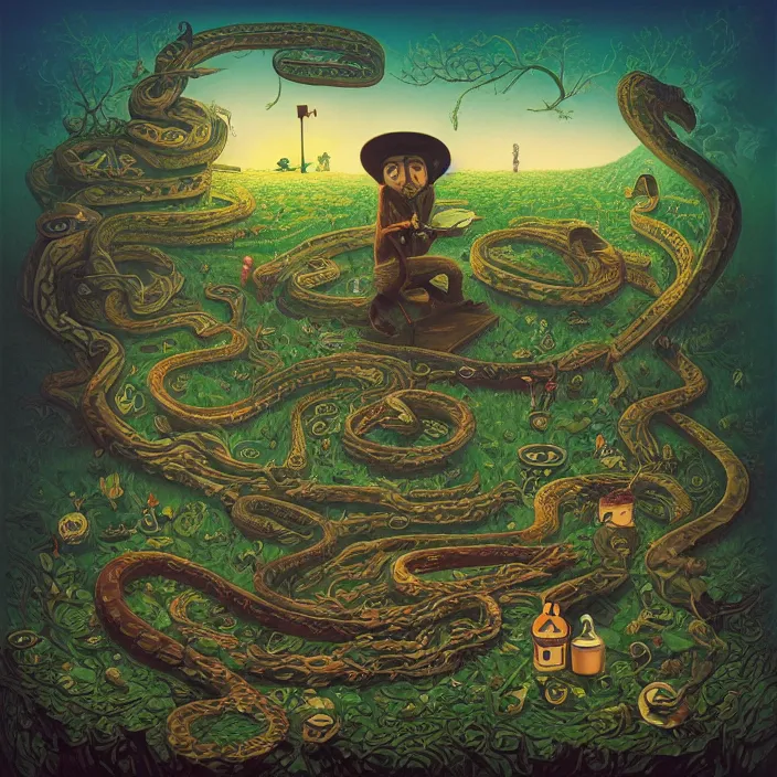 Image similar to album cover for the Johnny Cash and Snake Oil colab record. Snake oil, quackery, folk medicine, scamming, beautiful album cover with no text, album art by Gediminas Pranckevicius, snake oil