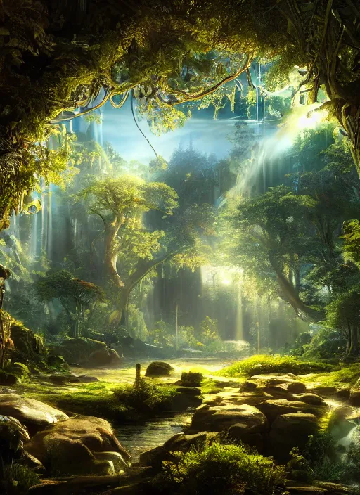 Image similar to beauteous sumptuous, with incredible indirect soft cinematic lighting, garden of eden, crystalline masterpiece incrustations, hyperdetailed features, movie still, intricate, octane render, cinematic forest lighting, unreal engine, crepuscular rays, god rays