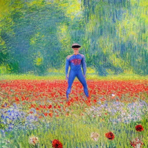 Prompt: Monet painting of Spiderman in a field of flowers